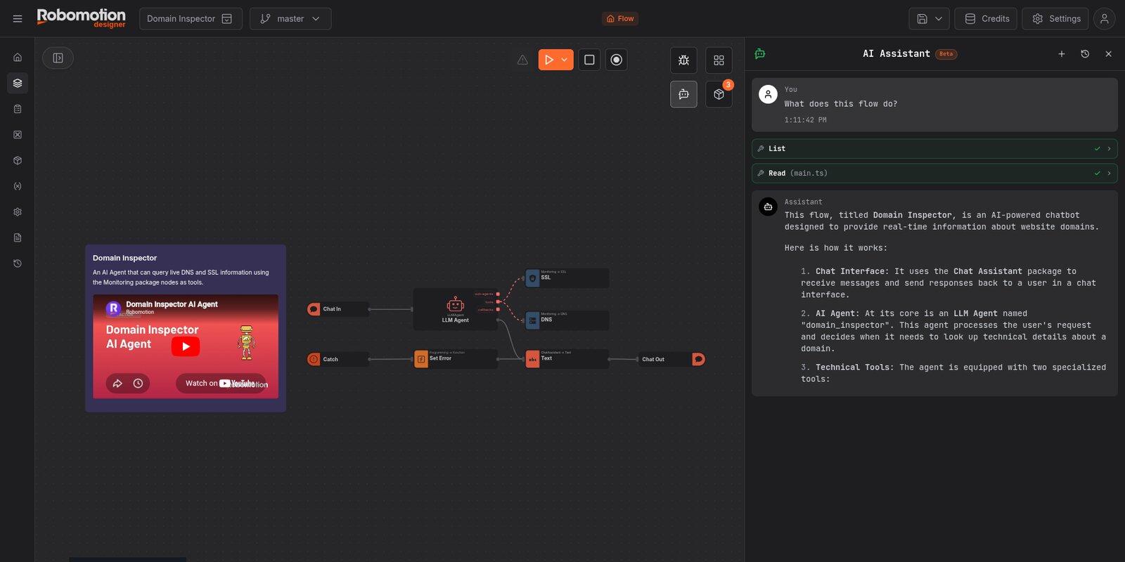 The Robomotion Flow Designer: an automation on the canvas with the AI Assistant beside it